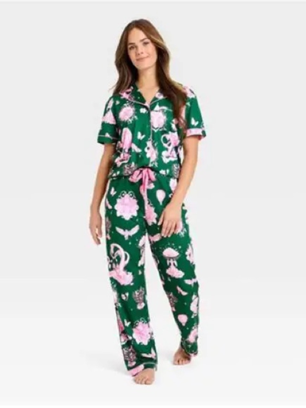 Women's Wicked Elphaba Green & Pink Floral Button-Down Pajama Set